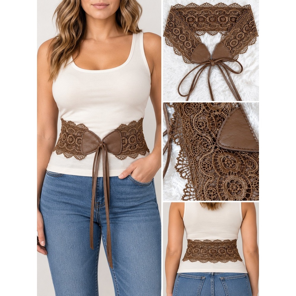 Belt Boho Crochet Lace Belt Cognac Brown Faux Leather Tie Back Corset Sash Sz M